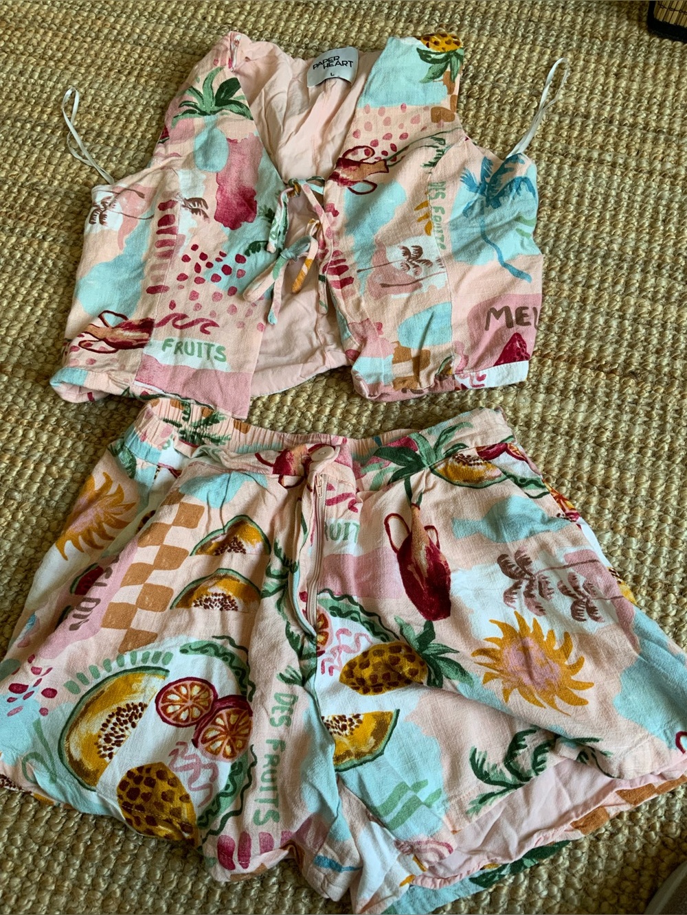 Tropical Fruit Print Two-Piece Tank & Shorts Pastel Pink & Aqua. Paper Heart Lg
